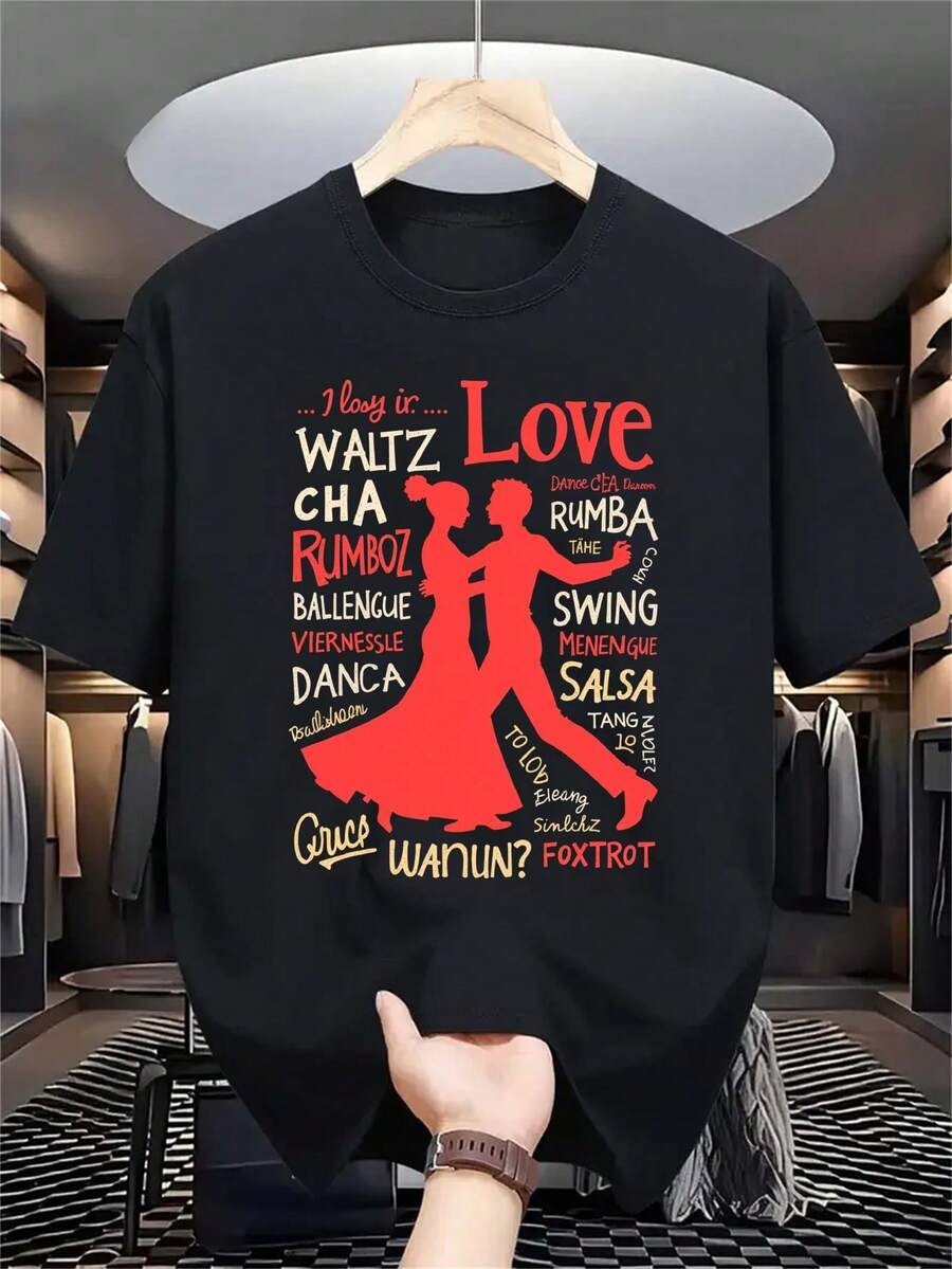 Men's Streetwear T-Shirt - Vintage Dance Graphic Tee With Swing Cha Cha Rubumba Salsa - Lightweight Breathable Fabric For Dance Events, Parties, Everyday Casual Outfits - Easy-Care Hand Washable Crewneck Top, Party Attire, Nontransparent Material - 黑色 - 查看 1