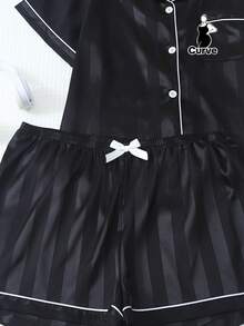 2 件大码女式缎面条纹印花睡衣套装，翻领纽扣短袖上衣和蝴蝶结短裤，夏季睡衣和家居服 - 彩色 - 查看 6