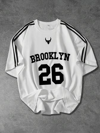 Herr-T-shirt med kort ärm i sport- och basketstil, avslappnad kortärmad, Brooklyn-bokstav och tjurhuvudgrafik, tryck med nummer 26, lämplig för skolan, vardagskläder, streetwear, present till pojkvännen, vår/sommar