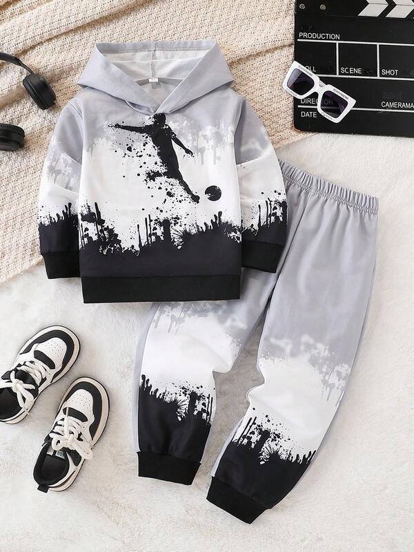 2pcs/Set Young Boy Casual Gradient Color Football Graphic Full Print Long Sleeve Hoodie Sweatshirt And Sweatpants Set, Suitable For Leisure, Sports, Daily Wear, Outdoor, School, Spring & Autumn