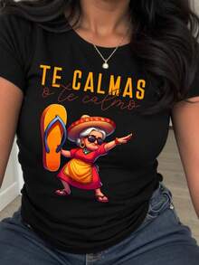 Camiseta vintage  para mamá, camiseta casual de cuello redondo de manga corta con estampado de letras divertidas para mujeres, blusas gráficas Camiseta de mamá mexicana para mujer: top informal de cuello redondo de manga corta de punto de poliéster con ajuste regular y suéter sin mangas para comodidad durante toda la temporada, no requiere relleno - Diseño de estampado gráfico - Negro - Ver 2