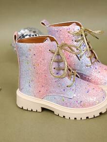 1 Pair Girls' Gradient Sequin Boots, Classic Front Lace-Up Round Toe Thick Sole Height-Increasing Design, Cute Princess Sweet Cool Style Ankle Boots, Suitable For Holidays, School, Dance Parties, Autumn/Winter New Arrival - Baby Pink - View 6