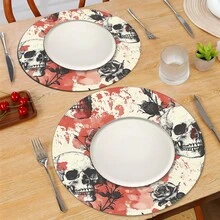 2pcs/4pcs/6pcs Halloween Skull Pattern Printed Silicone Placemats, Halloween Decor, Suitable For Dining Table, Coffee Bar, All Season Decoration, Washable Placemats, Room Decor, Coasters, Draining Mats, Kitchen Dining Table Mats, Indoor Outdoor Party Decor, Home Decor, Ideal Gift