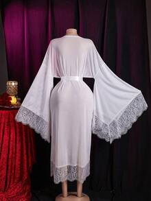 Sheer, High Elasticity, Skin-Friendly, Soft, White, Deep V-Neck, Low-Cut, Lace, Sexy, Home, Long Sleeve, Flared Sleeve, Fitted, Loose, A-Line, Long Robe, Bath Robe, Sleepwear