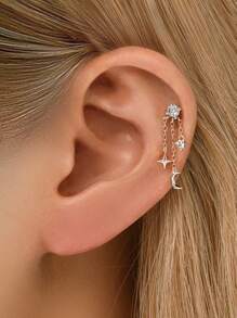 1piece 925 Sterling Silver Stars Moon Tassels Piercings Earrings Chain Charm Flat Back Cartilage Helix Piercing Fine Jewelry For Daily Wear Wedding Party Engagement Anniversary Valentine's Day(Sold As 1 Piece) - Star and Moon Tassel Pendant Accessories - View 9