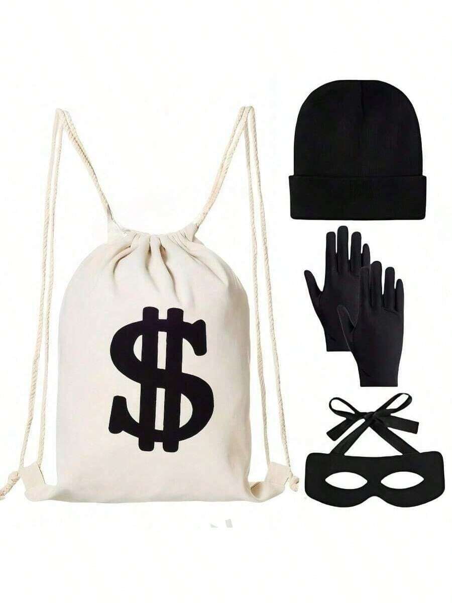 4pcs/Set Burglar Costume Kit - Canvas Bag, Gloves, Eye Mask, Hat, Thief Prisoner Cosplay Outfit, Unisex, Suitable For All Seasons Halloween - Multicolor - View 1
