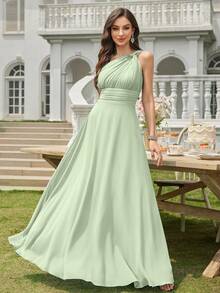 Volly Toych Celadon A-Line One Shoulder Keyhole Ruched Chiffon Elegant Maxi Formal Bridesmaid Dress, Wedding Guest - Celadon - View 7