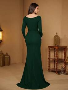 SUPGIR 女式 V 领长袖亮片刺绣修身贴臀美人鱼下摆针织粗麻布气质晚礼服，校服 - 墨綠色 - 查看 2