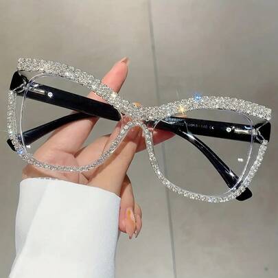 A Pair Of Women's Fashion Cat-Eye Flat Glasses With Rhinestone Decoration Suitable For Daily Outings And Parties