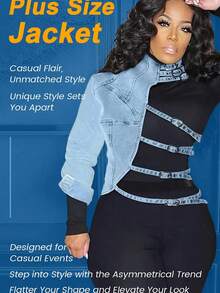 Plus Size Women's Denim Jacket, Patchwork Denim Top, Asymmetrical Irregular Denim One-Shoulder Short Design. - Light Wash - View 2