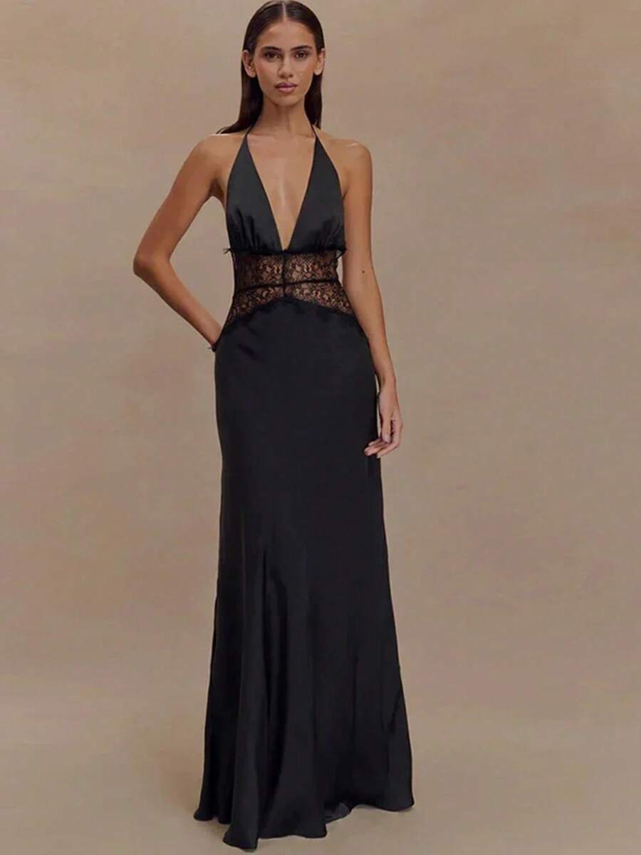 Patchwork Sexy Deep V-Neck Lace Halter Women Maxi Dress White Backless Evening Dress Summer Slim Elegant Party Dress - 黑色 - 查看 1
