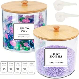 2 Packs Laundry Pods Container,Clear Laundry Room Organization Containers,Large Laundry Detergent Powder Storage Containers With Lids & Labels For Scent Booster,Powder,Pods, Bathroom Accessories, Room Decor