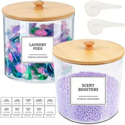 2 Packs Laundry Pods Container,Clear Laundry Room Organization Containers,Large Laundry Detergent Powder Storage Containers With Lids & Labels For Scent Booster,Powder,Pods, Bathroom Accessories, Room Decor