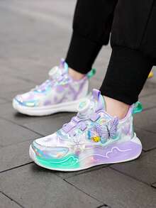 1 双 PU 皮革儿童旋转纽扣女童鞋，透气女童公主运动跑步鞋 - 紫色 - 查看 4