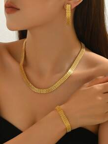 3 件套简约镂空宽项链、耳环、锁骨链多功能女士首饰套装