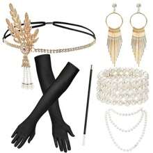Accesorios de mascarada de 1920, conjunto de diadema de plumas de aleación, collar de perlas y guantes largos para cigarrillos para fiesta de Gatsby, Halloween