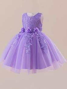 Girls' Multilayer Tulle Princess Dress, Handmade 3D Floral Lace Patchwork Puff Skirt, Sweet Knee-Length Sleeveless Dress, Girls' Simple Dance Recital Dress, Special Occasion Elegant Mesh Dress - Lilac Purple - View 4