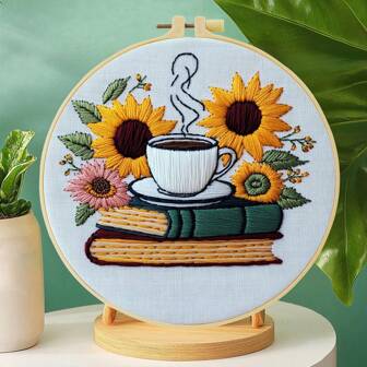 1 Pieza Kit de Bordado, 20x20cm/7.9x7.9 Pulgadas, Girasoles en Libros, Kit de Bordado Hecho a Mano DIY, Adecuado para Adultos y Principiantes, Incluye Manual de Usuario, Tela Impresa, Marco de Bordado, y Agujas e Hilos