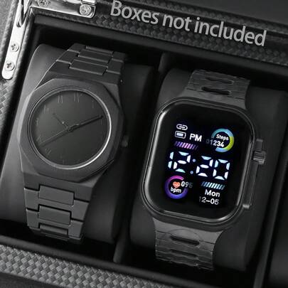 2 件套男士时尚石英表和数字表组合，青少年多边形运动手表，适合日常佩戴和节日礼物