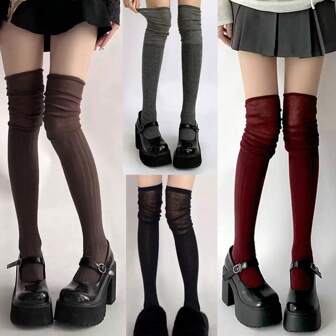 1双/3双/4双装 女士纯色过膝长袜，秋冬季保暖过膝袜，Y2K风格，舒适