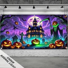 1 UV leuchtende Halloween Banner - Geisterhaus, Kürbislaterne und Grabstein Design, große Größe Polyesterfaser Garagentor Dekoration, essentiell für Innen- und Außenpartys, ohne Strombedarf, hochwertige Bedruckung, nicht leicht zu zerknitteln, Horror-Atmosphäre Hängedekoration, exklusiv für Eventveranstalter, leuchtende Effekte
