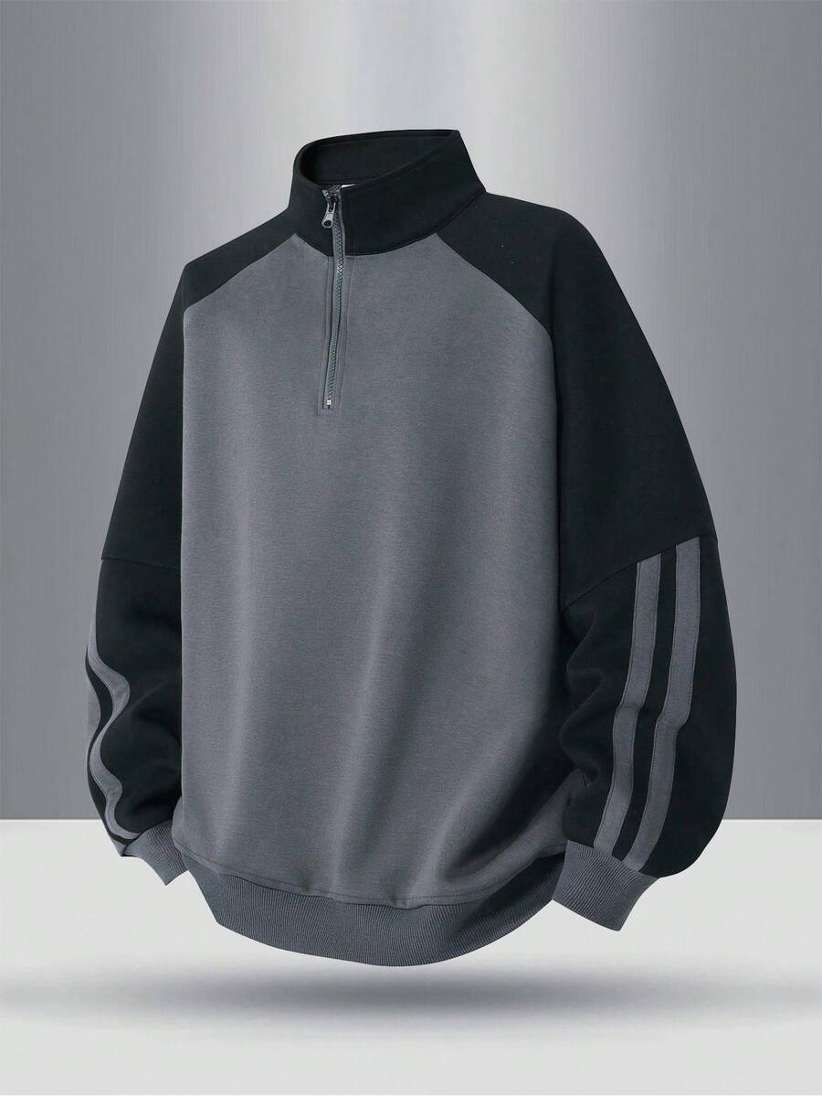 青少年秋季新款时尚插肩袖半拉链条纹运动衫 - 灰色 - 查看 1