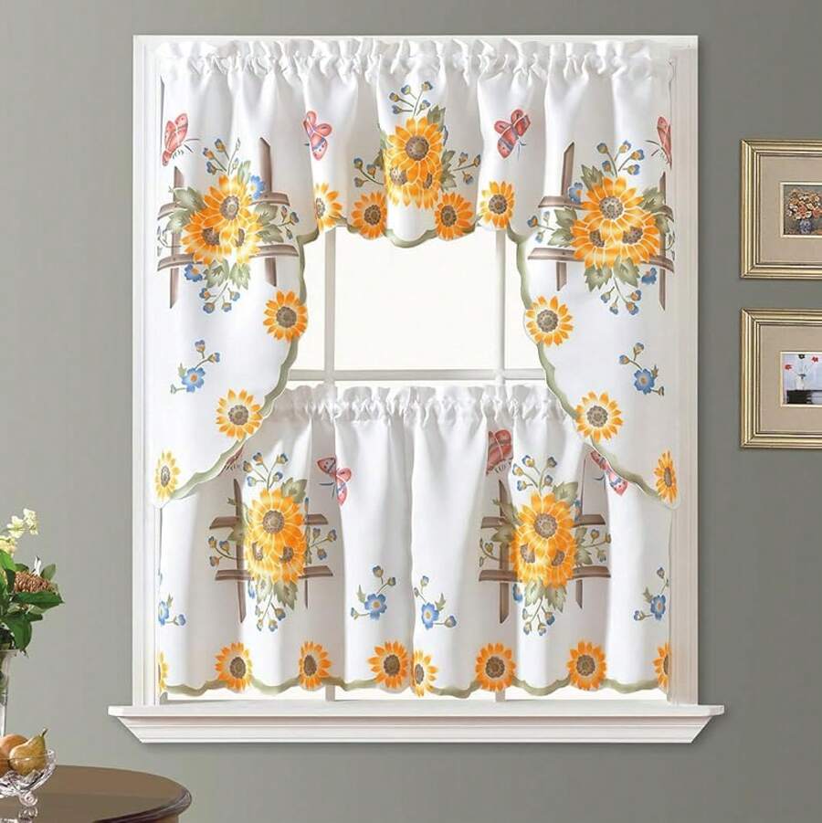 3pcs Farmhouse Kitchen Cafe Curtain Set Brushed By Hand Of Sunflower And On Thick Satin Fabric (Swag And 24 Inches Tiers Set), Home Decor - 58吋寬 x 51吋長(1 件裝) - 查看 1