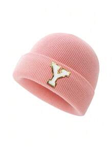 1 件儿童针织帽，带 26 个字母图案，保暖无檐小帽，适合女婴日常穿着 - 粉色 - 查看 63