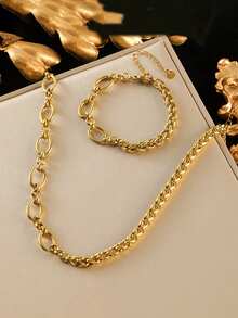 RAYQUEEN 1 Set Stainless Steel Personalized Fashion Chain Linked Gold Necklace And Bracelet Jewelry Set, Suitable As Gift - Yellow Gold - View 1