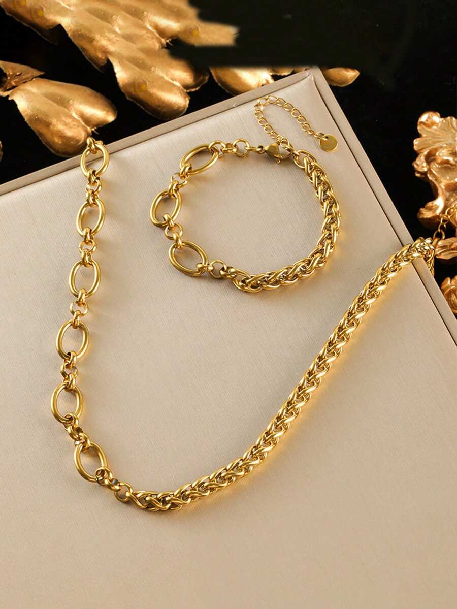 RAYQUEEN 1 Set Stainless Steel Personalized Fashion Chain Linked Gold Necklace And Bracelet Jewelry Set, Suitable As Gift - Yellow Gold - View 1