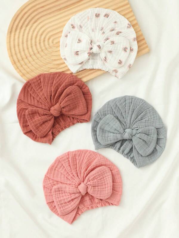 Benxoine 4-PCS Newborn Bow Hats, Soft Cotton, Comfortable And Breathable, Suitable For All Seasons, Daily Warmth, Sun Protection And Windproof