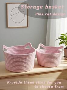 1Set Pink Kitten Style Cotton Rope Weaving Storage Basket Cartoon Animal Images Multiple Sizes Storage Basket Suitable For Bedrooms, Living Rooms, Toys, Snacks, Cosmetics Storage Classification Christmas Gifts