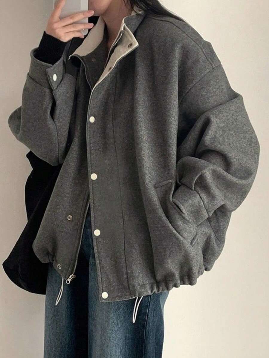 Elegant Gray Chic Woolen Jacket Women, French Retro Lapel Loose Winter Coat