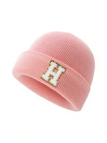 1 件儿童针织帽，带 26 个字母图案，保暖无檐小帽，适合女婴日常穿着 - 粉色 - 查看 81