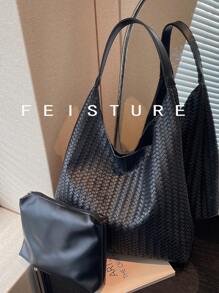 1 件 FEISTURE 编织纹理大容量单肩包，带磁扣的手提包，适合日常外出、约会、通勤 - 黑色 - 查看 2