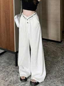 女式白色阔腿牛仔裤，宽松修身，休闲直筒及踝长裤，春季