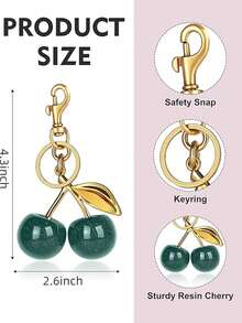 1 Móc Khóa Hình Quả Anh Đào - Móc Khóa Trang Trí Xe Hơi Hình Quả Anh Đào, Quà Tặng Cho Phụ Nữ Vào Giáng Sinh, Ngày Valentine (Kích thước: 10,92cm x 6,6cm, Kích thước quả anh đào: 3cm). Móc khóa trang trí túi xách, phụ kiện xe hơi, ý tưởng quà tặng cho giáo viên, bạn bè, chị em gái. - Vàng + xanh lá cây - Xem 3