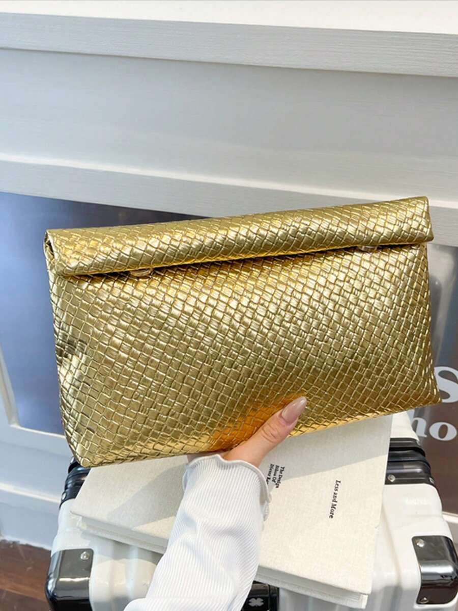 时尚纯色手提包，大容量翻盖磁扣方形包，鳄鱼纹女士包，多功能晚宴包，适合女士参加派对、旅行、购物、婚礼等场合。 - 金色 - 查看 1