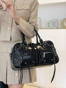 Nueva bolsa de hombro de estilo punk para mujer, hecha de tela impermeable de PU, con diseño de incrustación de remaches y decoración con flecos, de moda y adecuada para el transporte de la mujer, con diseño de compartimentos de gran capacidad y múltiples bolsillos, apta para el transporte, los viajes y las compras como bolso de viaje y vacaciones.