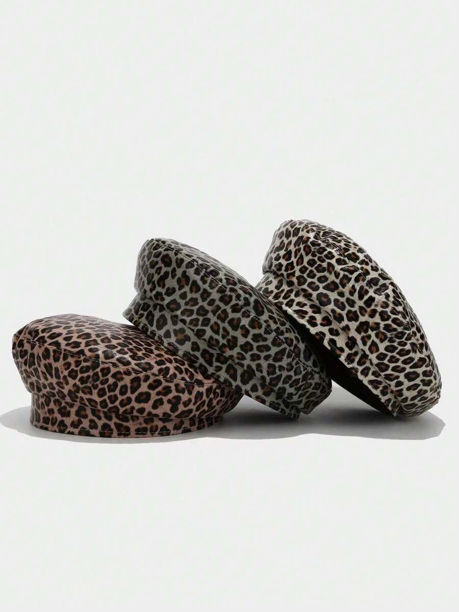 男女通用大号头围新款欧美时尚豹纹PU贝雷帽，复古艺术风秋冬帽 - 鴨舌 - 查看 1