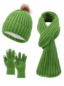 Set de 3 piezas de mujer con gorro de punto de rayas verticales de unicolor, bufanda y guantes, cálido y acogedor para uso casual al aire libre en otoño/invierno, accesorios de invierno, atuendos de invierno