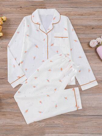 2 件简约卡通蝴蝶结印花女式睡衣套装，长袖翻领上衣和宽松蝴蝶结裤，优雅时尚，适合日常穿着、节日睡衣、派对装、舒适家居服、秋季服装