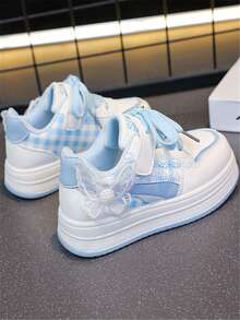1 Pair Girls' Fashion Soft Bottom Bow Pendant PU Outdoor Non- Wear-Resistant Academy Style Cute Flat Sports Shoes, Suitable For All Seasons - 藍色 - 查看 6