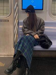 复古不落俗套圆领宽松露背开衩格子无袖连衣裙女