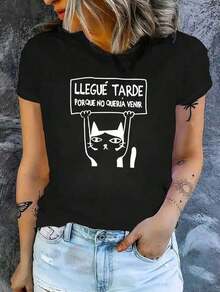 Playera estampada de letras y gatos, manga corta y cuello redondo, top casual para verano y primavera, ropa de mujer - Negro - Ver 1