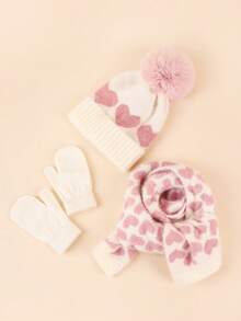 1 Set Of Heart-Shaped Jacquard Children's Knitted Set, Gloves+Knitted Hat+Scarf Set, Autumn And Winter Outdoor Warm Set, Cute Woolen Ball Hat, Suitable For Outdoor Walking And Dressing - Set Combination - View 4