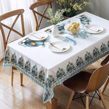 1pc Thanksgiving Pumpkin Pattern Tablecloth, Farmhouse Style, Seasonal Kitchen/Dining Table Decor, Round/Rectangular Sizes Available, Polyester Material, Indoor/Outdoor Party Decoration, Thanksgiving Holiday Decor, Home & Event Decoration