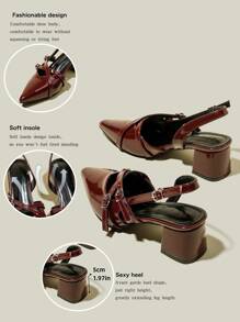 女士酒红色漆皮尖头绑带粗跟高跟鞋，优雅尖头正式高跟鞋，时尚露跟高跟鞋
