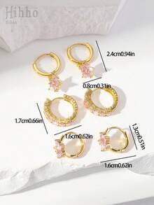 Hihho Bộ 6 bông tai mặt dây chuyền đính đá Cubic Zirconia màu hồng lấp lánh tối giản thanh lịch, quà tặng trang sức cao cấp - Hồng - Xem 6