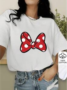 Red Polka Dot Bow Print Summer Women's 100% Cotton Short Sleeves, White Tops, Graphic T-Shirts, Cotton T-Shirts - trắng - Xem 4